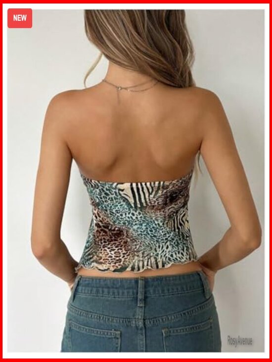 Cheetah Print Tube Top Strapless Bandeau Crop Top Mesh Sheer Rave Clubwear - Picture 3 of 6